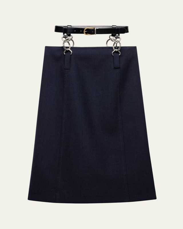 Floating Leather Belt Wool Midi Skirt